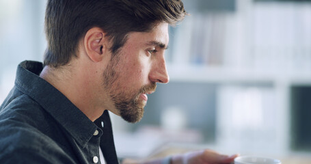 Thinking, coffee and business man in office with vision, decision and planning with morning...