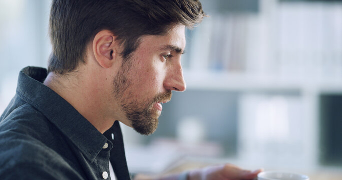 Thinking, coffee and business man in office with vision, decision and planning with morning beverage. Idea, drink and serious employee with reflection in workplace, insight and inspiration with cup