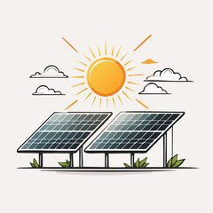 Minimal flat design of solar panels under a bright sun, black and white line vector emphasizing clean energy