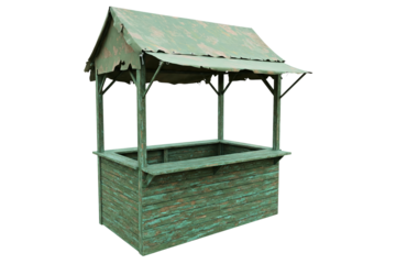 Old weathered wooden market stall with peeling green paint isolated on a transparent background