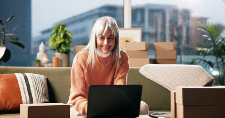 Laptop, mature woman and smile for ecommerce, logistics and check online for order with remote...