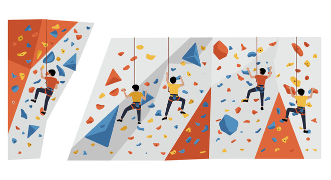 Indoor climbing wall with climbers in action: flat style design with colorful holds