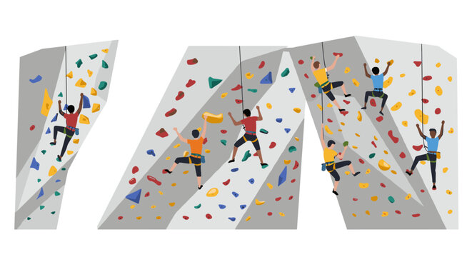 Indoor rock climbing adventure with diverse climbers on colorful artificial walls