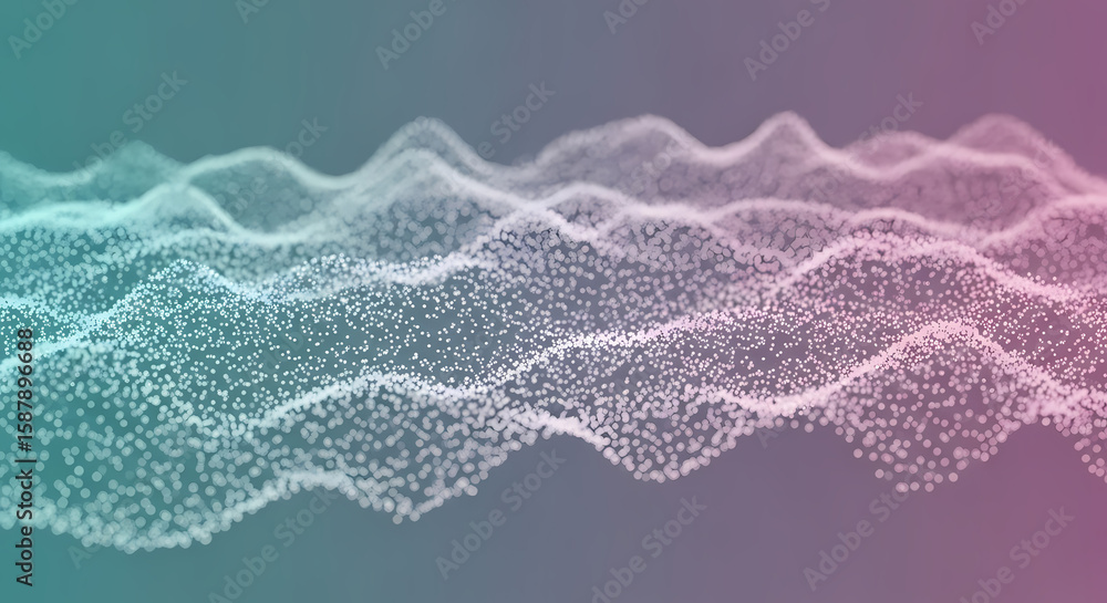 Poster abstract visualization of a wavy surface made of small dots, transitioning from teal to pink.