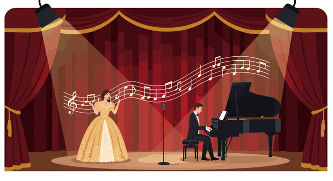 Elegant concert scene with singer and pianist on stage under spotlights