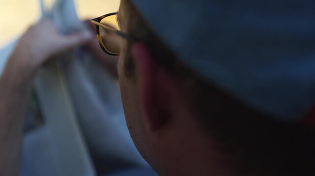 Close-up on eyeglasses on a man reading a newspaper