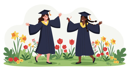Happy graduation day: two grads celebrating in a colorful floral garden