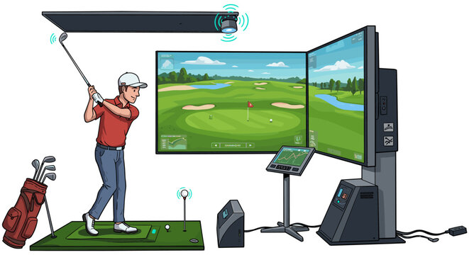 Virtual golf experience with advanced simulation technology and digital swing analysis