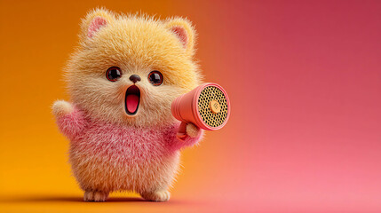 Fototapeta premium A cartoonish fluffy creature with big round eyes and an open mouth. It holds a horn in its paw. The background is in a gradient from orange to pink.