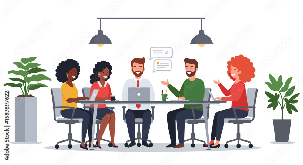 Poster diverse team in a collaborative meeting setting with modern workspace