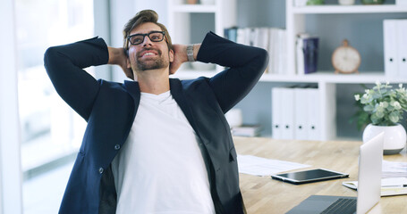 Businessman, relax and rest with break for deadline success, completion or done in office. Man,...
