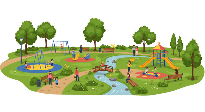 Colorful flat design of families enjoying activities in a lush park setting - Powered by Adobe