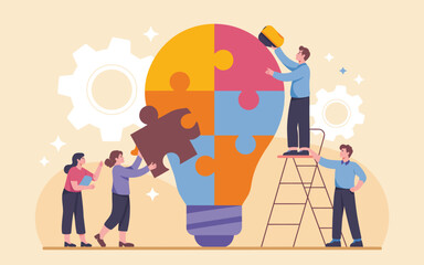 Business teamwork on creative light bulb puzzle vector illustration. Cartoon dedicated team of tiny people connecting pieces of a large lamp together symbolizing partnership and workplace creativity 
