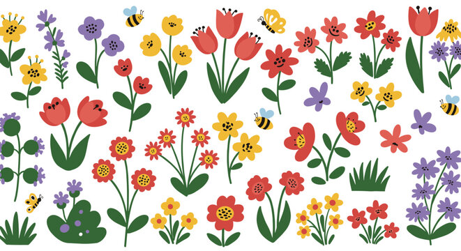 Colorful floral pattern with bees and butterflies in cartoon style