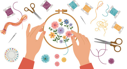 Hand embroidery crafting with colorful threads and floral patterns