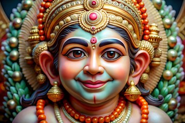 Obraz premium Close up portrait of a richly adorned deity with intricate golden headdress and jewelry