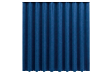 Dark blue velvet theater curtain with heavy vertical folds isolated on a transparent background