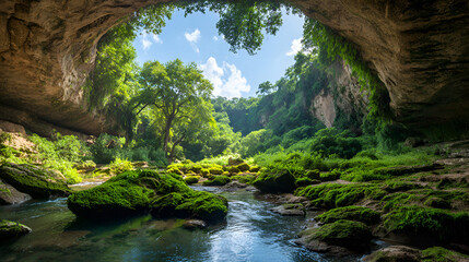 Breathtaking underwater cave illuminated by sunlight, featuring lush green moss and rocky formations. white 65839111 1