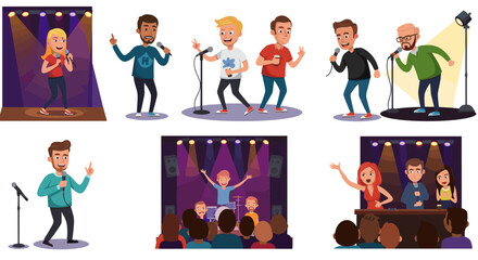 Cartoon performance with singers, musicians, and dj on stage