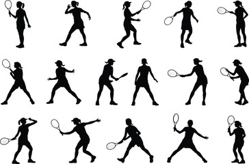 Tennis Silhouettes Grid Set, Dynamic Player Poses with Rackets for Sports Illustration, Athlete Motion Design, Fitness Training Vector Collection