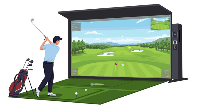 Indoor golf simulator with golfer practicing on virtual course
