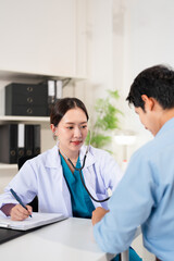 Consultation, patient and doctor in office with stethoscope, checkup and healthcare at clinic....