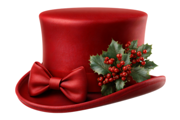 Red top hat with holly isolated on transparent background