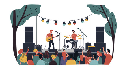 Outdoor music festival with live band and enthusiastic audience in flat design