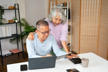 Retirement, happy and search on laptop for online shopping, video call or social media news. Relax,...