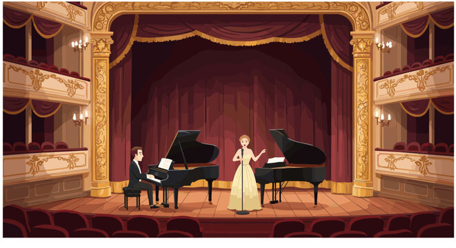 Elegant opera performance in grand theater with piano duo and classical singer
