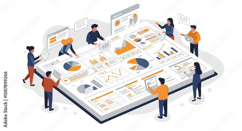 Poster isometric team collaboration on data analytics with interactive digital dashboard