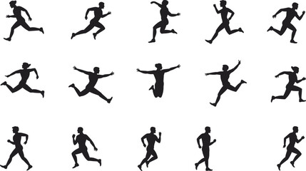 Running Silhouettes Grid Set, Various Dynamic Jogging and Sprinting Poses Illustrating Human Motion for Sports, Fitness, Athlete Training Art
