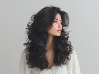 asian woman with voluminous curly black hair in soft light
