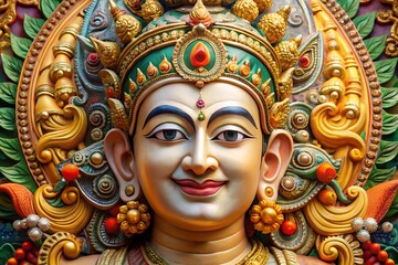 Fototapeta premium Intricately decorated golden sculpture of a serene deity s face