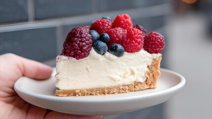 A hand delicately holds a slice of creamy berry tart topped with fresh raspberries and blueberries. white 96532710 1