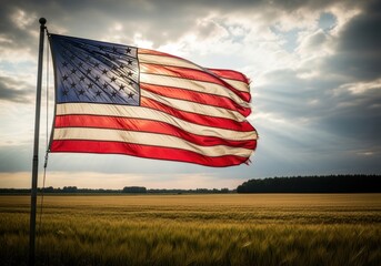 American Flag Waving Over Rural Field at Sunset. patriotism, resilience, and rural American values.

