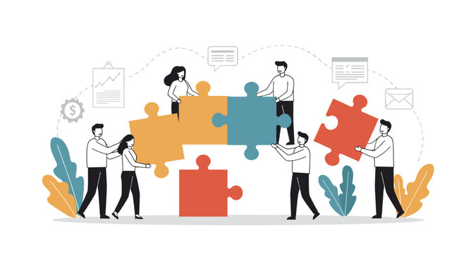 Collaborative teamwork concept showing people connecting colorful puzzle pieces