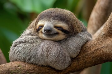 Fototapeta premium A three toed sloth is peacefully sleeping on a sturdy tree branch