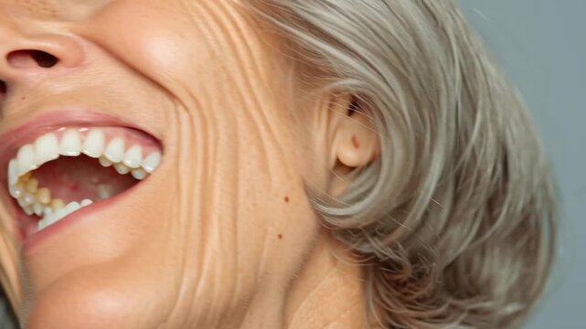 A woman with a big smile on her face. She has a white smile and her teeth are visible