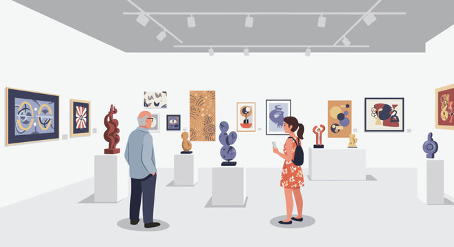Visitors engaging with modern art in a gallery setting