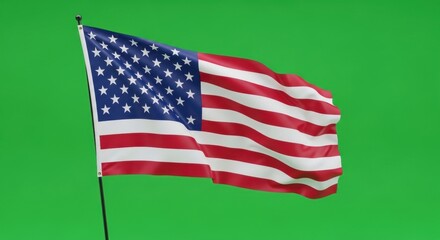 3D American Flag Waving on Green Background
