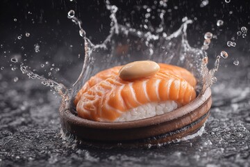 サーモンを使った寿司のリアルなマクロショットと水しぶきの上昇