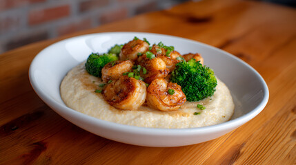 Plate of creamy grits topped with succulent shrimp and fresh broccoli, served on a wooden table. white 89593916 1