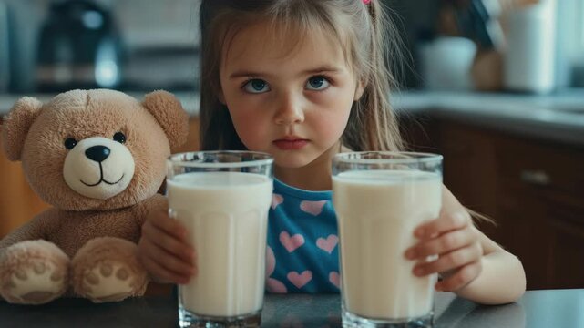 Young girl enjoys a healthy milkshake with glasses of fresh milk from the refrigerator. A stuffed animal sits next to her, adding a playful touch to the scene.