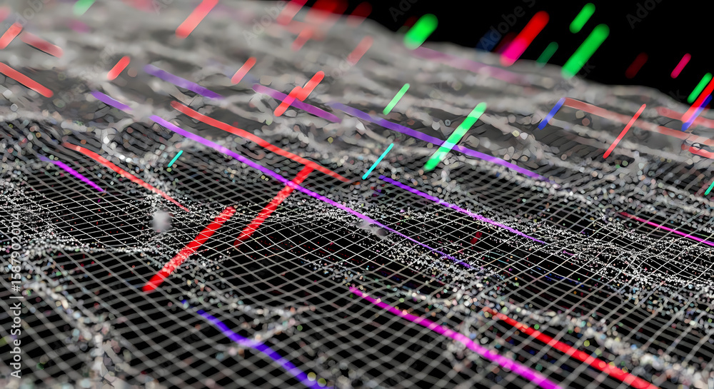 Poster abstract digital landscape with grid and vibrant lines, suggesting data visualization or network act