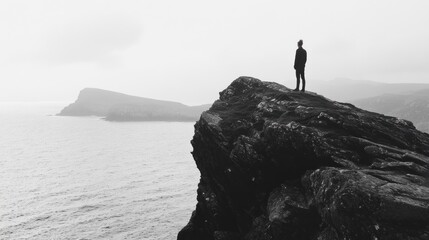 A solitary figure stands on a coastal clifftop, gazing out at a misty, expansive ocean and distant landmasses.  The monochrome image emphasizes solitude and the vastness of nature