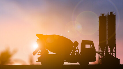 Cement truck parking at cement mill silhouette concept