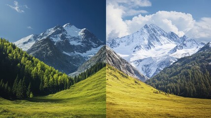A split image showcasing a majestic snow-capped mountain range, lush green valley, and vibrant contrasting seasons; one side depicts summer's vibrant greenery, the other autumn's golden hues