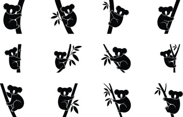 Koala Silhouettes Grid Clinging to Branches, Wildlife Animal Pose Set for Nature Illustration, Australian Fauna Conservation Art, Cute Tree Icons