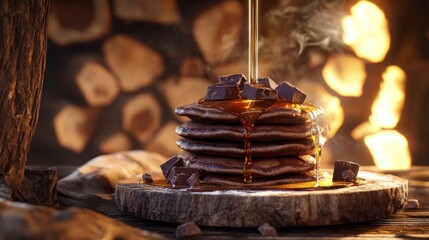A stack of chocolate pancakes drizzled with syrup sits on a rustic wooden board, in front of a warm, glowing fireplace, with chocolate chunks scattered around.  Steam rises from the warm pancakes